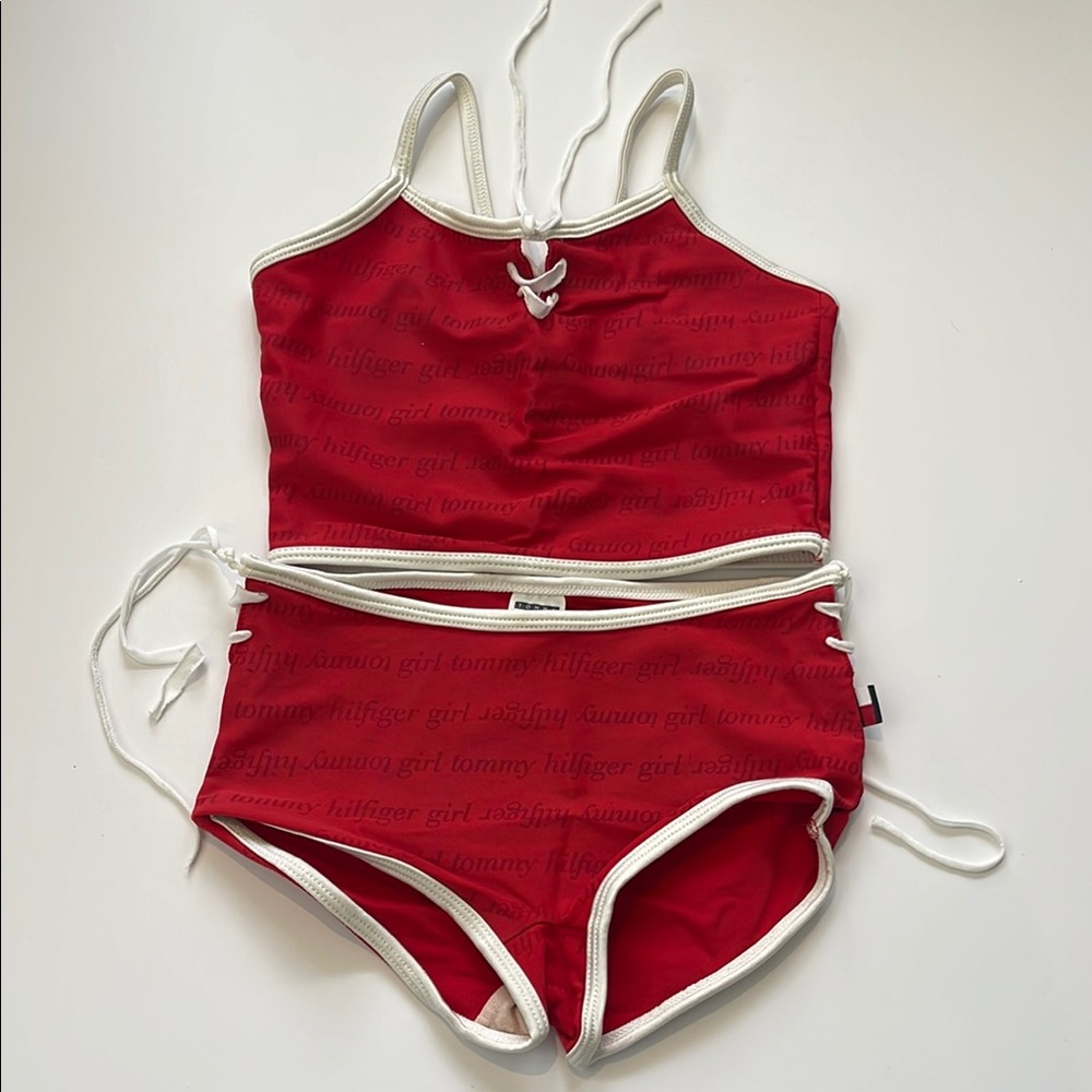 Vintage Tommy Hilfiger Red and White Swimsuit Girls Size 5